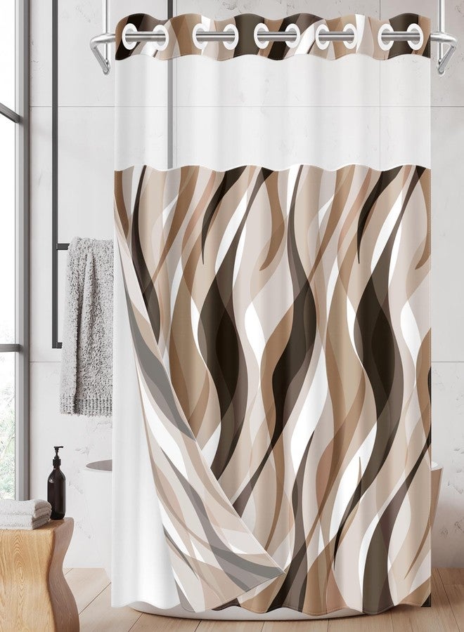 Nesphy No Hook Brown Shower Curtain with Snap in Fabric Liner Set, Modern Abstract Striped Double Layers Waterproof Fabric with See Through Top Window Open Grommet Bath Curtain 71x74 Inch - Image 1
